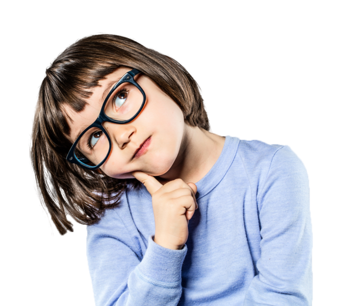 Girl with glasses looking up and thinking