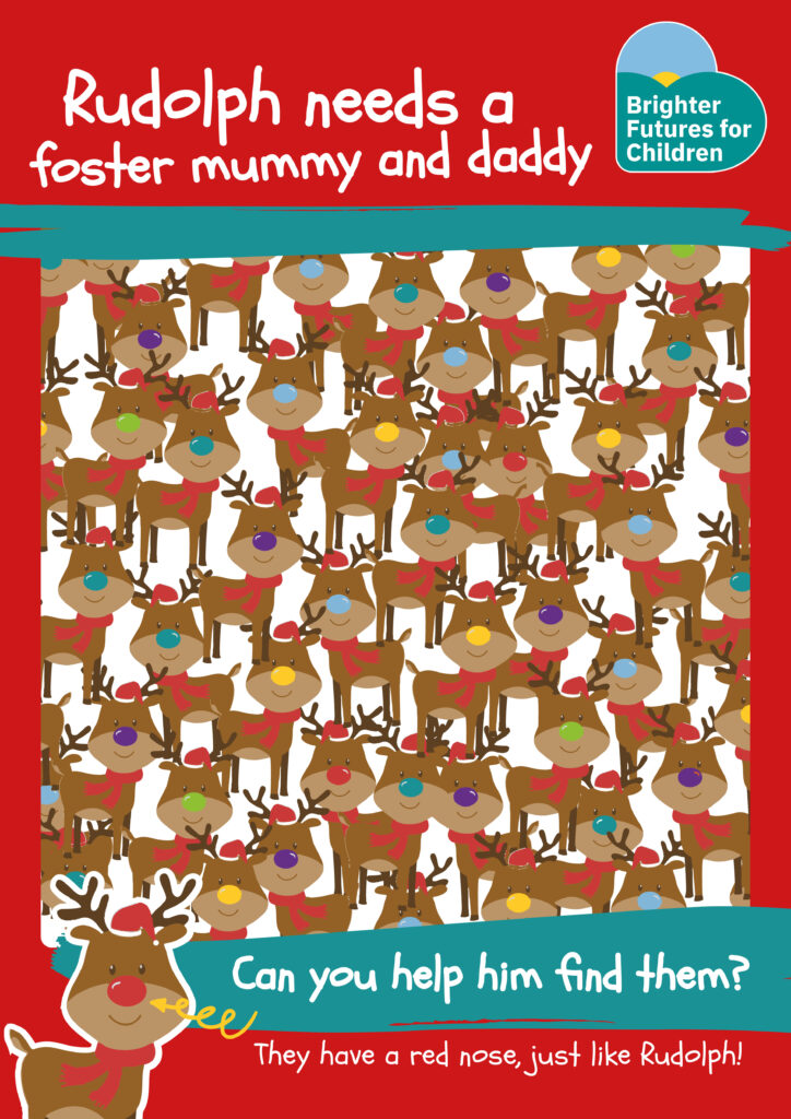 Rudolph needs a foster mummy and daddy poster. Full of pictures of reindeer.
