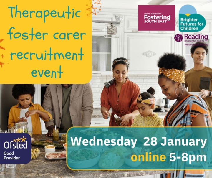 A happy family sharing food at the kitchen island, with paretns, teenagers and children, with the title 'Therapeutic fostering event Wednesday 28 January 5-8pm' Includes Reading Borough Council logo
